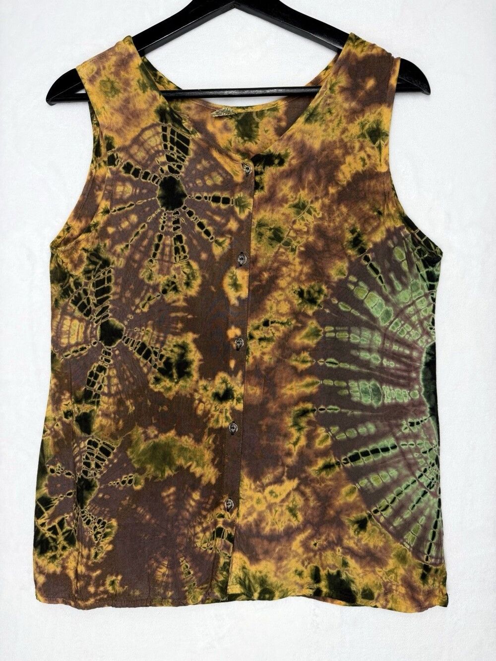 VTG Y2K Kirat Chocolate Brown Green Indian Import Boho Festival Rayon Tank Top M